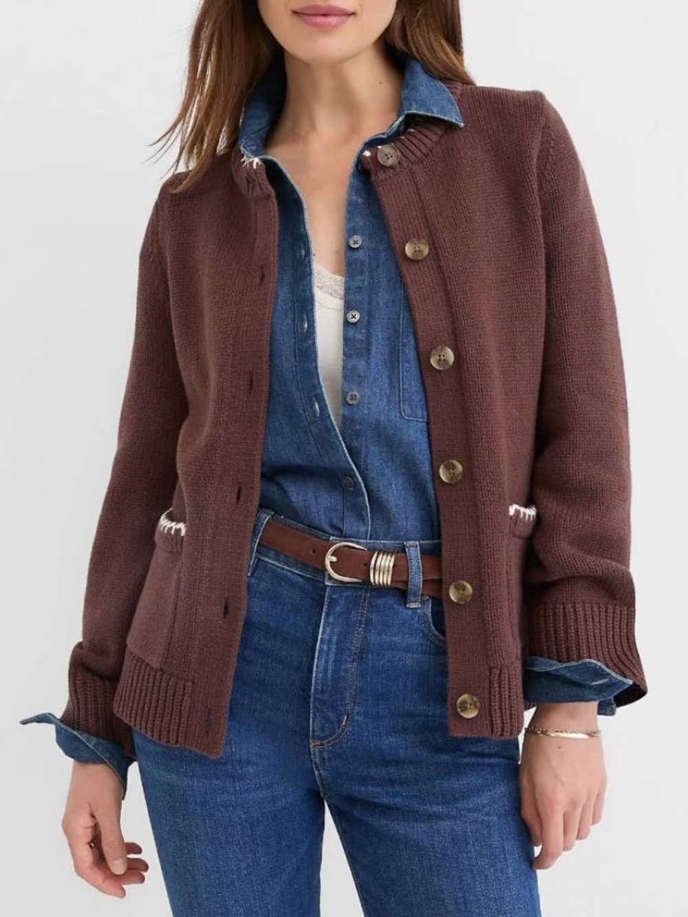 LOFT Tipped Waisted Patch Pocket Cardigan – Brown | Size S